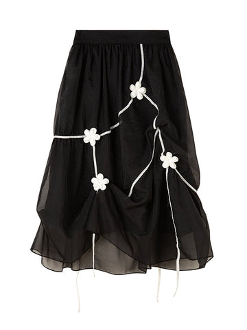 Black Floral Embroidered Midi Skirt - Sheer Overlay Asymmetric Gothic Lolita Style