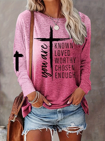 Casual Cross Letter Print Crew Neck Long Sleeve T-Shirt