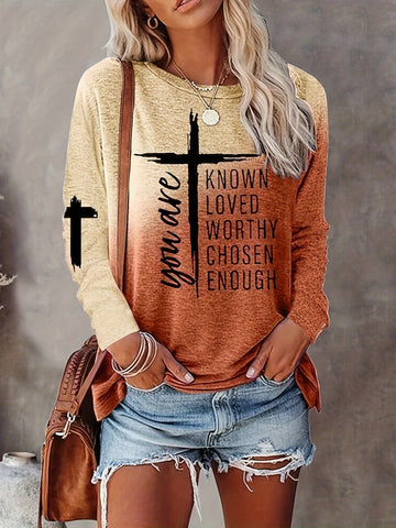 Casual Cross Letter Print Crew Neck Long Sleeve T-Shirt