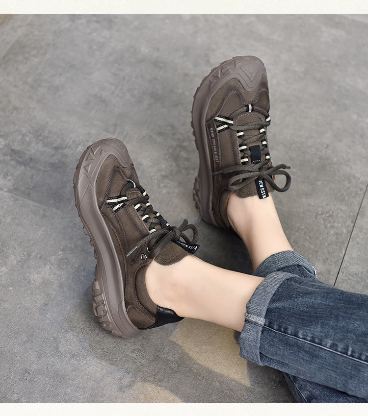 Versatile Leather Lace-Up Thick Bottom Shoes