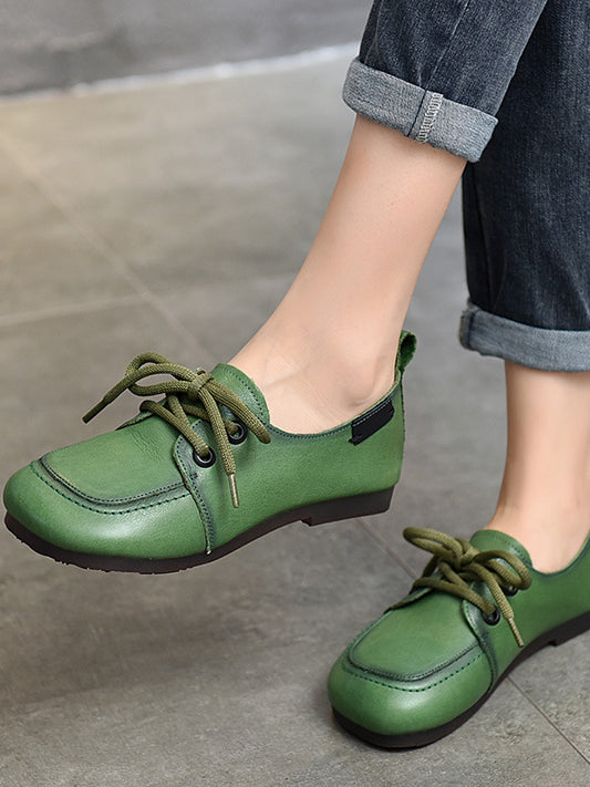 Casual Splicing Round Toe Lace-up Flat Leather Shoes