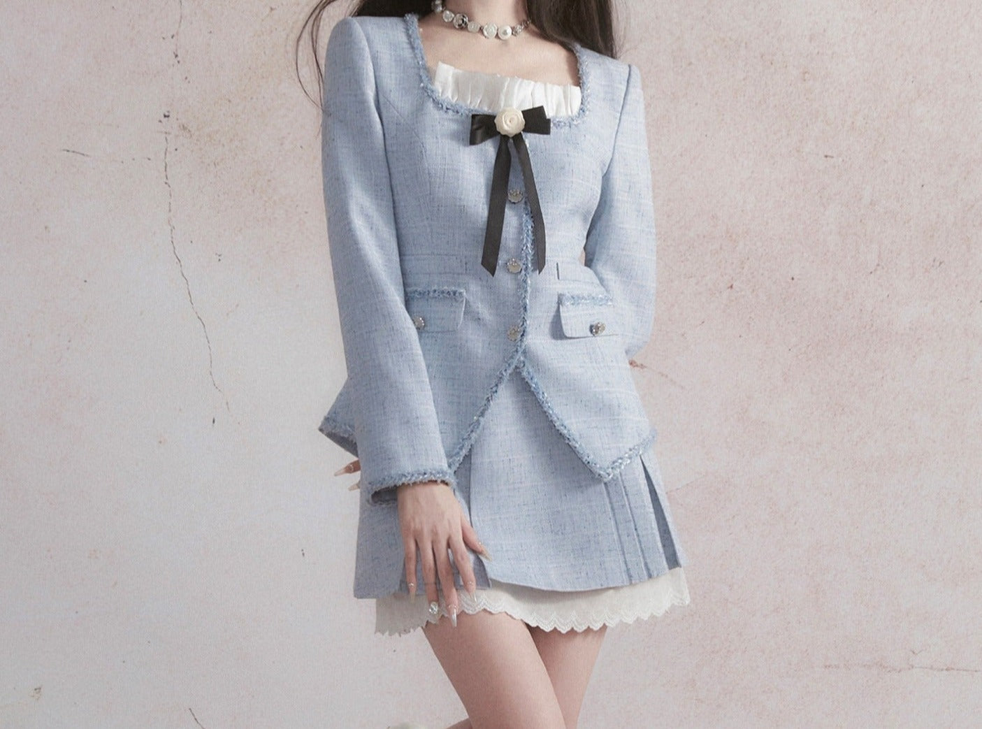 Pastel Blue Tweed Blazer and Pleated Skirt Set with Lace Trim