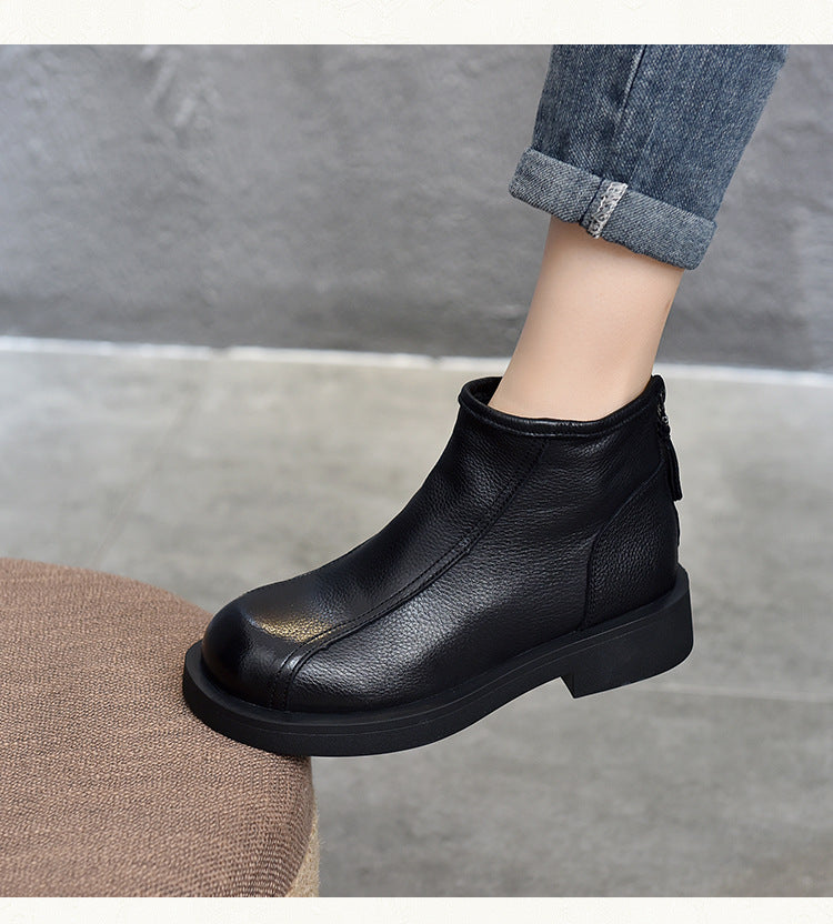 Classic Leather Back Zipper Short Boots