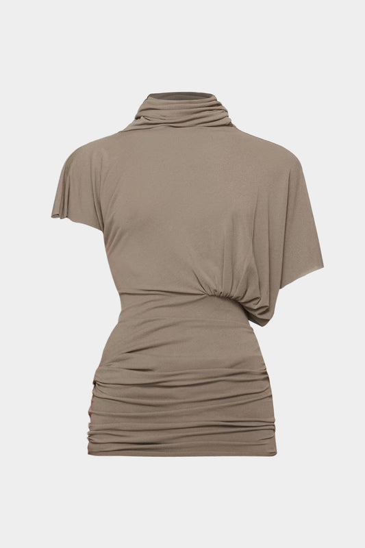 Asymmetrical Cut Out Ruched Corset Waist Short Sleeve T-Shirt