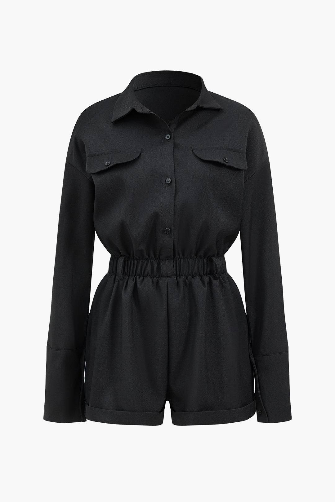 Basic Button-Front Pocket Long Sleeve Romper