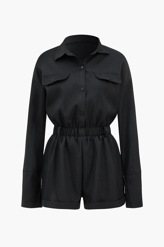 Basic Button-Front Pocket Long Sleeve Romper