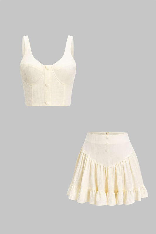 Button Bustier Shirred Tank Top And Ruched Skirt Set