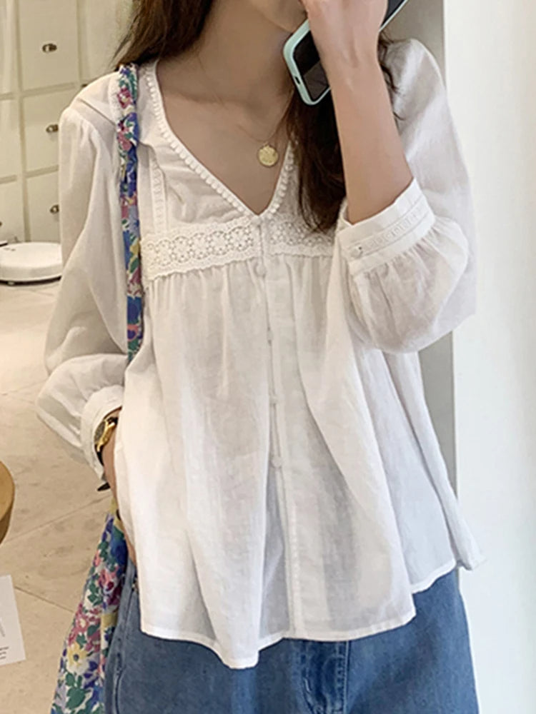 Lace Patchwork V-neck Oversized Blouse