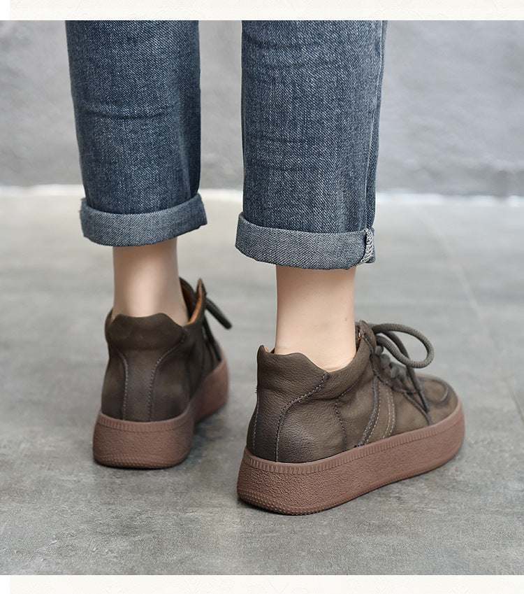 Classic Leather Lace-Up High Top Mid-heel Boots