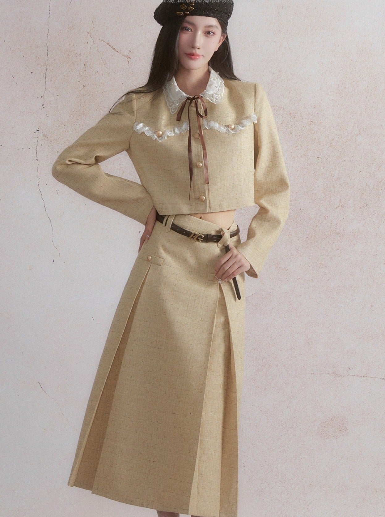 Vintage Prairie Chic Crop Jacket and A-Line Midi Skirt Set - Golden Wheat