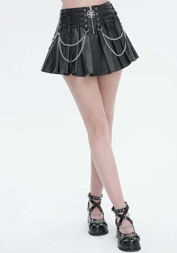 Devil Fashion Gothic Punk Pleated Mini Skirt - Black Faux Leather with Corset Lacing, Zipper Front, and Chain Accents