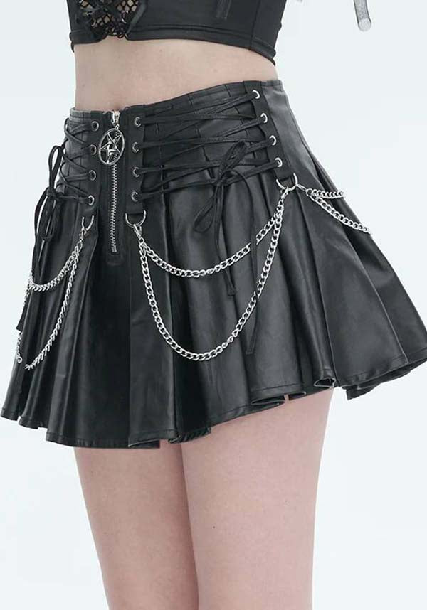 Devil Fashion Gothic Punk Pleated Mini Skirt - Black Faux Leather with Corset Lacing, Zipper Front, and Chain Accents