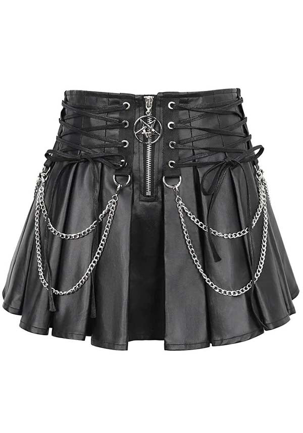 Devil Fashion Gothic Punk Pleated Mini Skirt - Black Faux Leather with Corset Lacing, Zipper Front, and Chain Accents