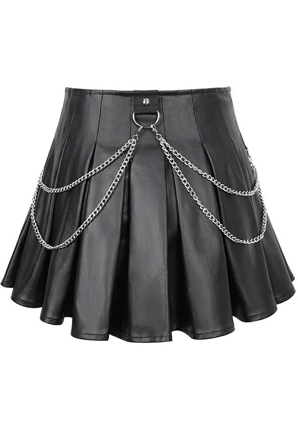 Devil Fashion Gothic Punk Pleated Mini Skirt - Black Faux Leather with Corset Lacing, Zipper Front, and Chain Accents