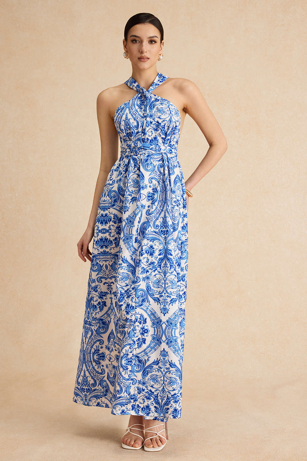 Baroque Print Cross Cut Out Maxi Dress