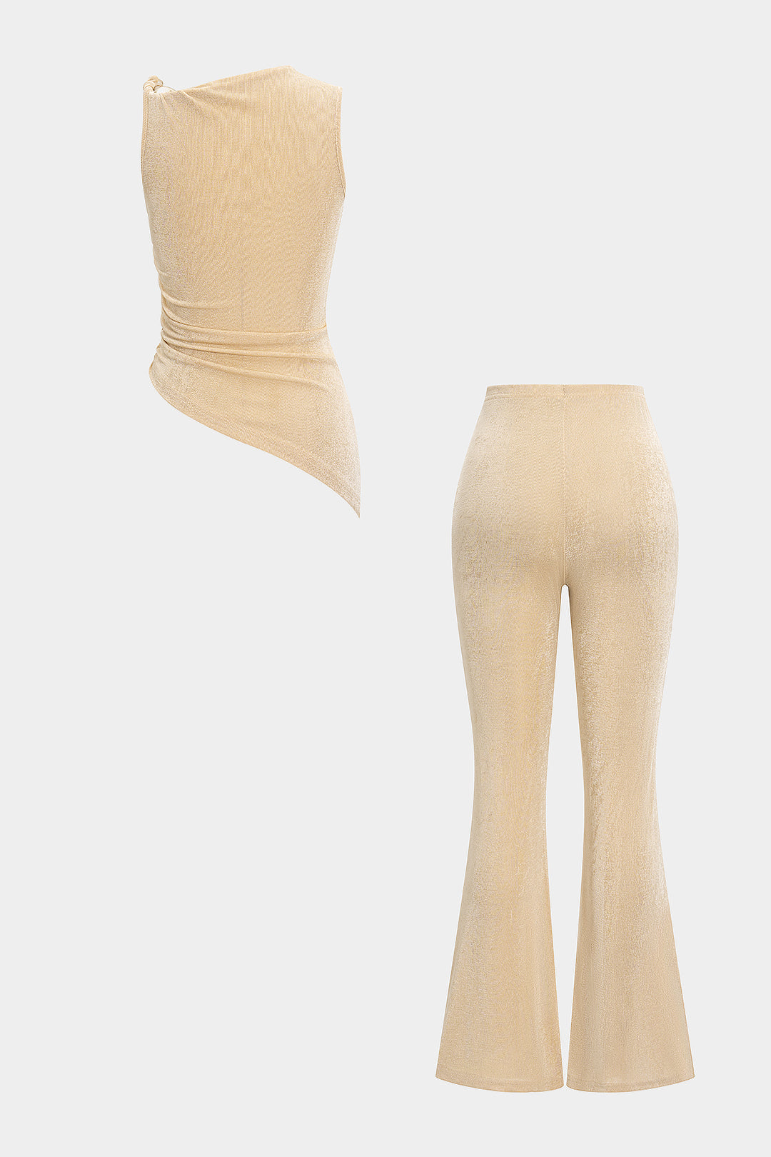 Asymmetrical Metallic Decor Ruched Tank Top And Flared Leg Trousers Set