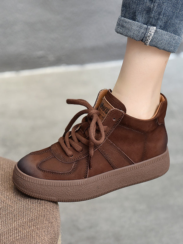 Classic Leather Lace-Up High Top Mid-heel Boots