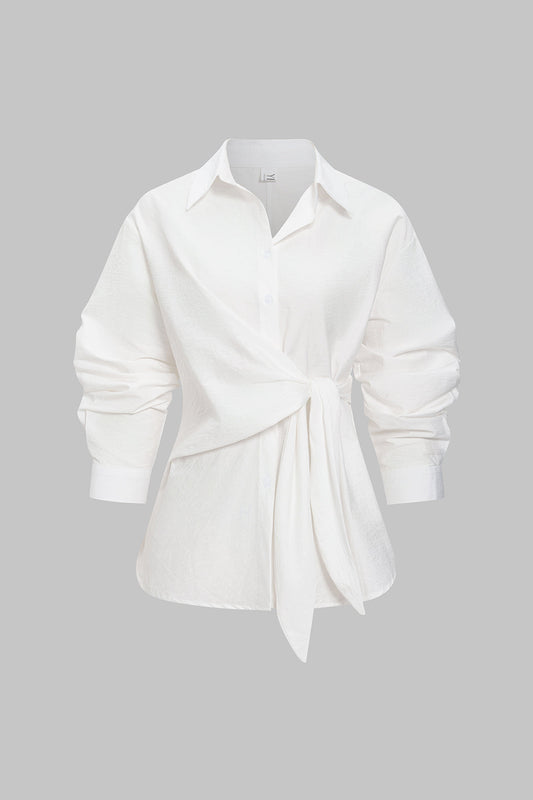 Asymmetrical Tie-Front Button Long-Sleeve Shirt