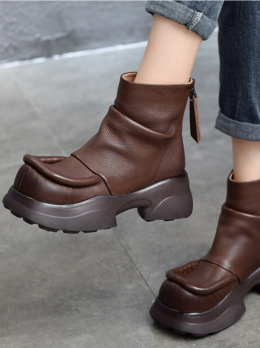 Vintage Leather Solid Color Thick Heel Short Boots