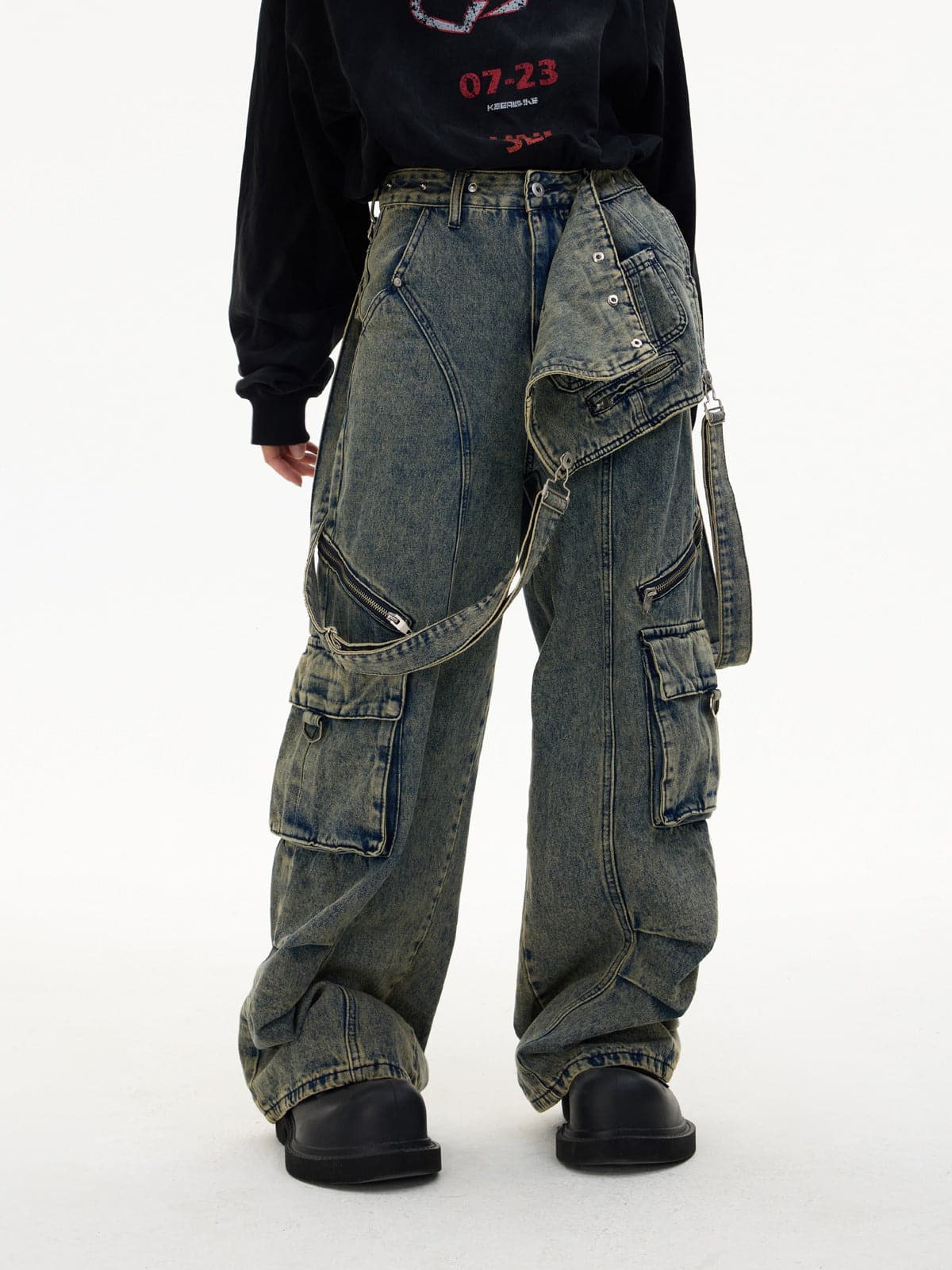 Detachable Suspender Washed Multi-Pocket Cargo Jeans