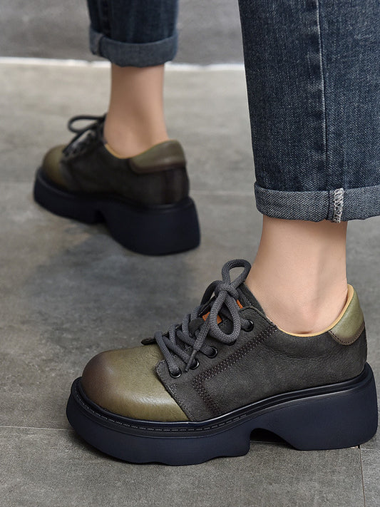 Casual Leather Thick Sole Colour Block Shoes