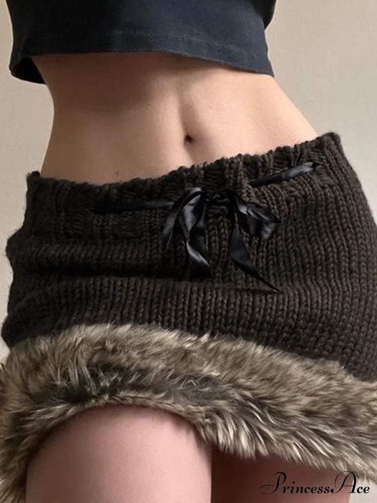 Slim Fit Frayed Hem Brown Mini Skirt