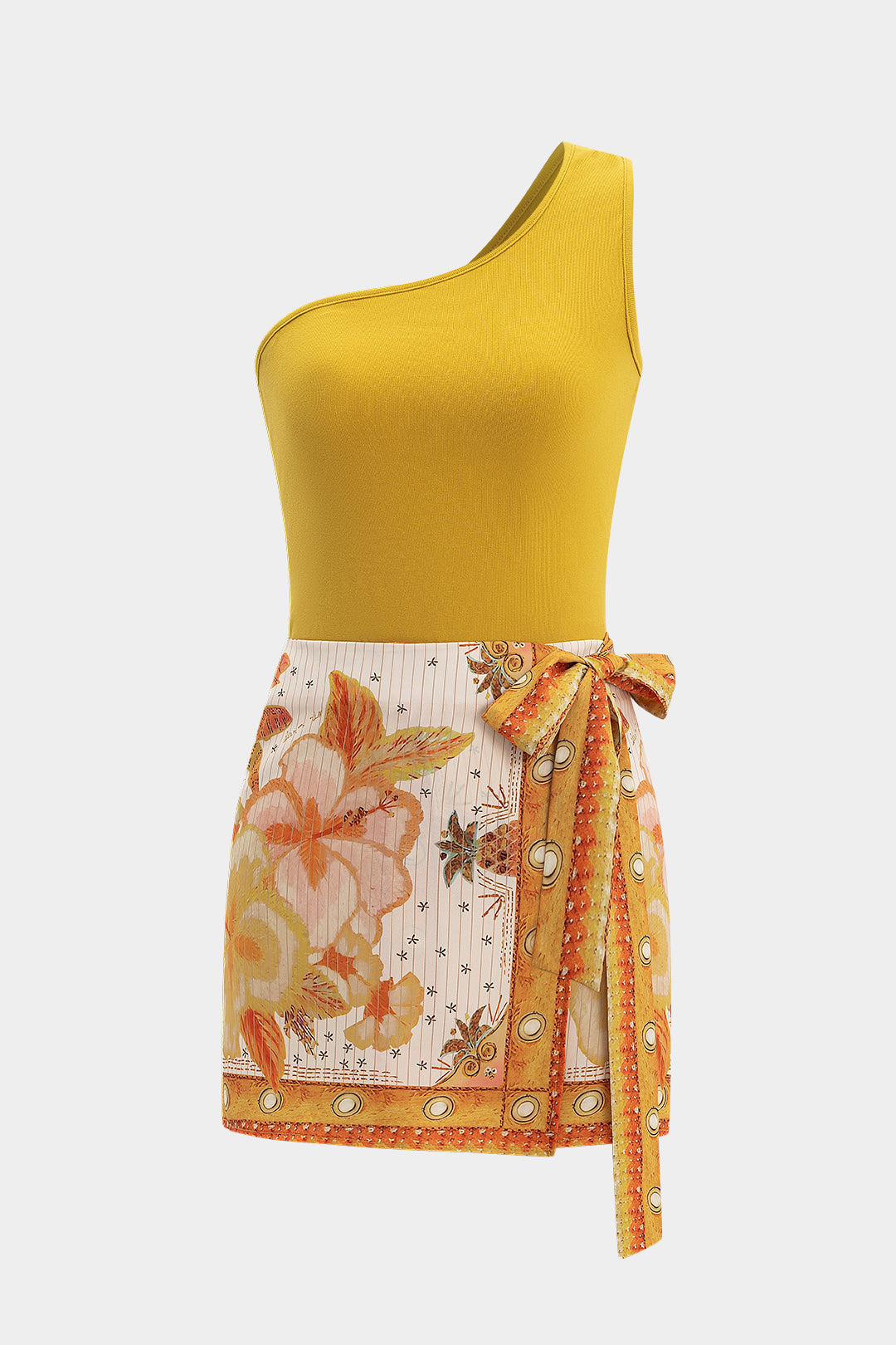 Asymmetrical Bodysuit And Floral Print Tie-Up Skirt Set