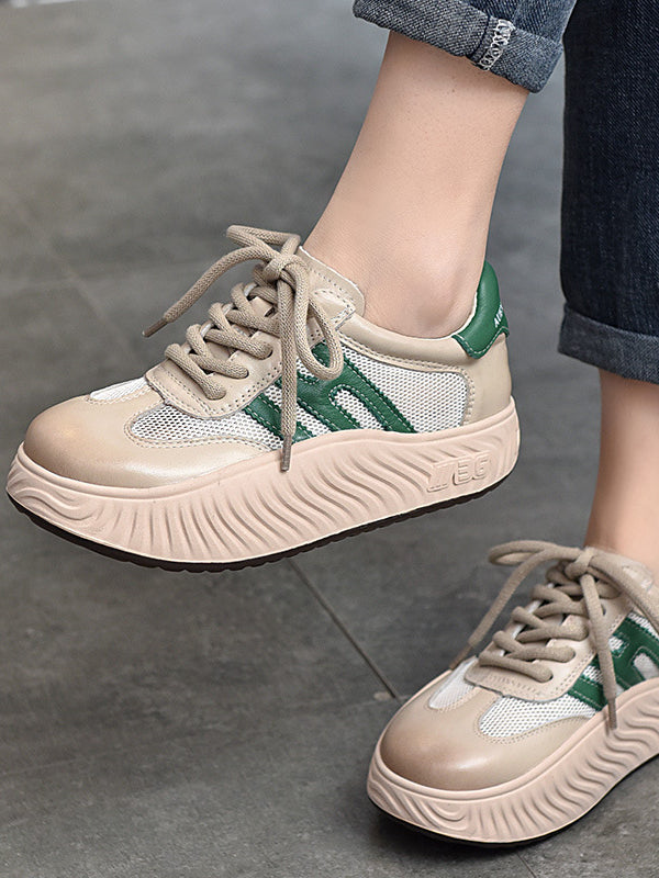 Simple Splicing Lace-up Leather Thick-soled Shoes