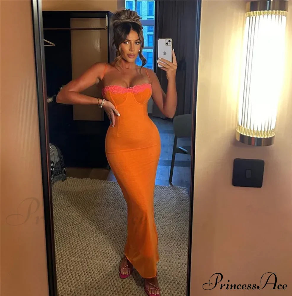 Lace Spaghetti Strap Charming Mesh Midi Dress