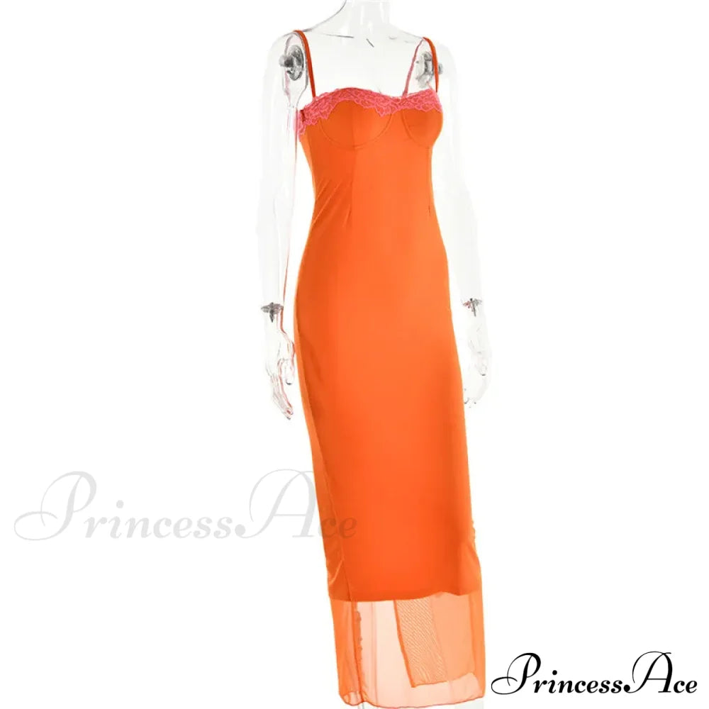 Lace Spaghetti Strap Charming Mesh Midi Dress