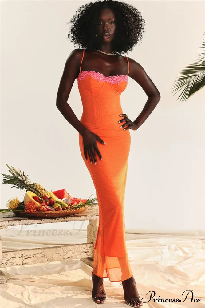 Lace Spaghetti Strap Charming Mesh Midi Dress