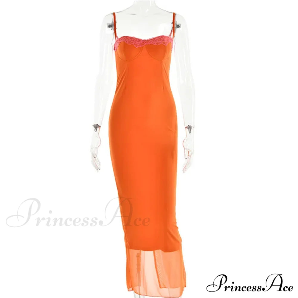 Lace Spaghetti Strap Charming Mesh Midi Dress