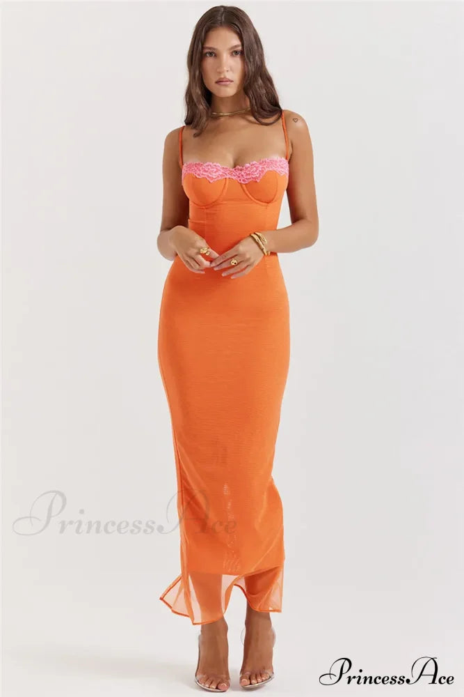 Lace Spaghetti Strap Charming Mesh Midi Dress