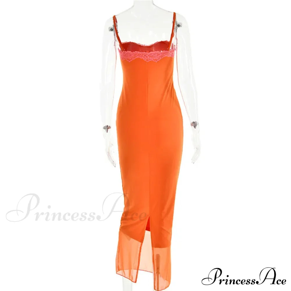 Lace Spaghetti Strap Charming Mesh Midi Dress