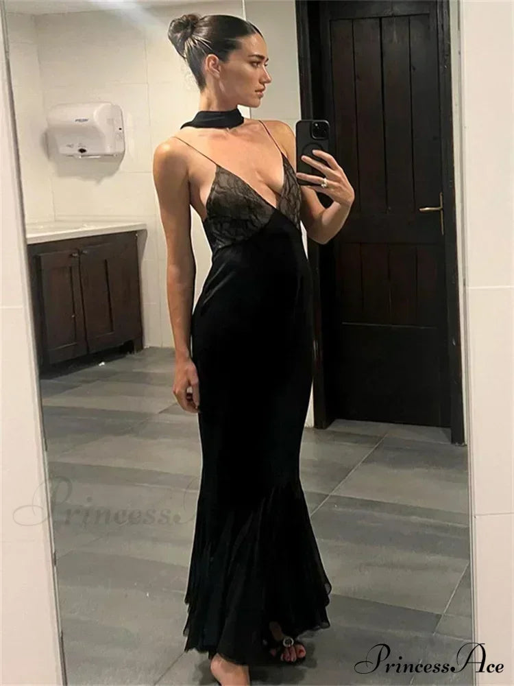 Lace-spliced Deep V-necked Meshed Tempting Clubwear-ready Evening Feminine Midi Dress