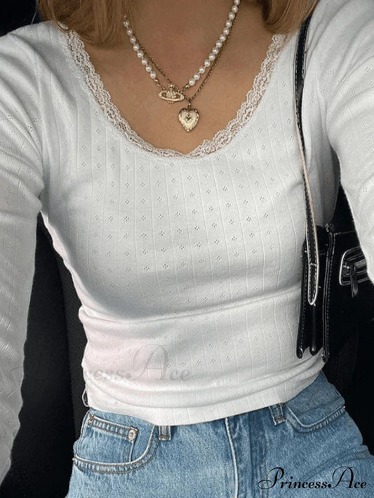 Lace Trim White Trendy Cropped Knit Top