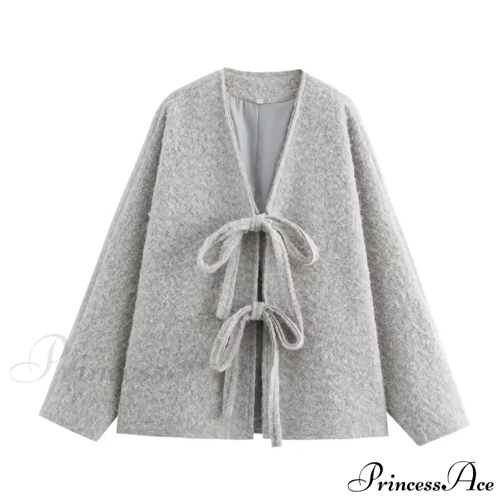 Lace-up Bow Brown Cardigan