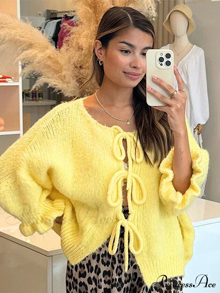 Lace Up Bow Flared Sleeve Loose Fashion Street Cardigan