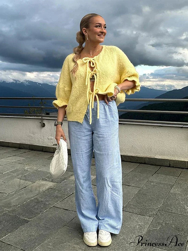 Lace Up Bow Flared Sleeve Loose Fashion Street Cardigan