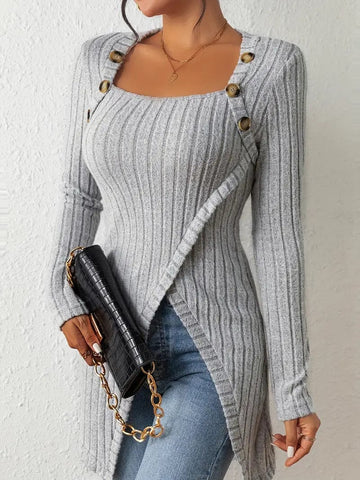 Casual Ribbed Button Decor Asymmetrical Hem Long Sleeve T-Shirt