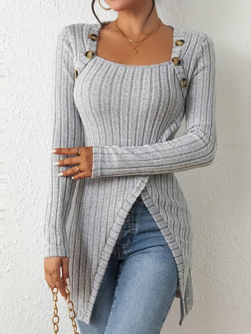 Casual Ribbed Button Decor Asymmetrical Hem Long Sleeve T-Shirt