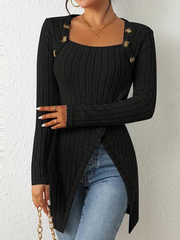 Casual Ribbed Button Decor Asymmetrical Hem Long Sleeve T-Shirt