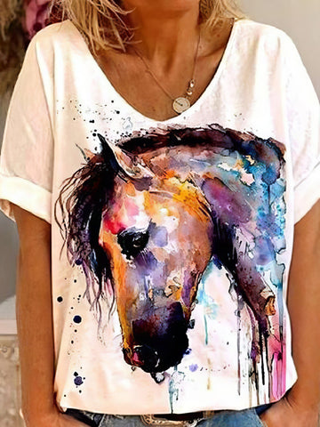 Horse Head Print Short Sleeve V-Neck T-Shirt