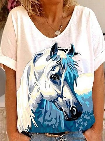 Horse Head Print Short Sleeve V-Neck T-Shirt