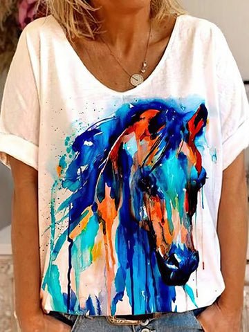 Horse Head Print Short Sleeve V-Neck T-Shirt