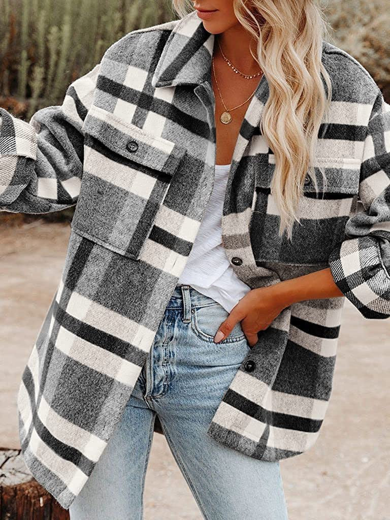 Plaid flannel woolen shirt jacket for women