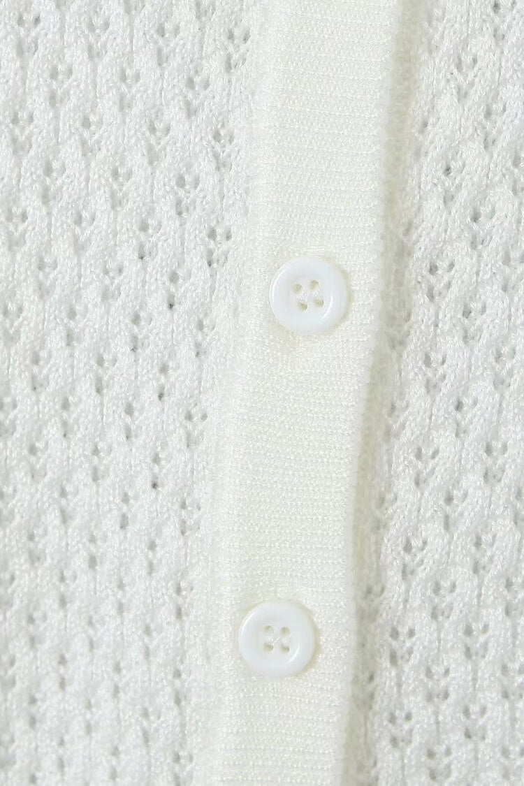 Preppy Crew Neck Button Up Long Sleeve Pointelle Knit Cropped Cardigan