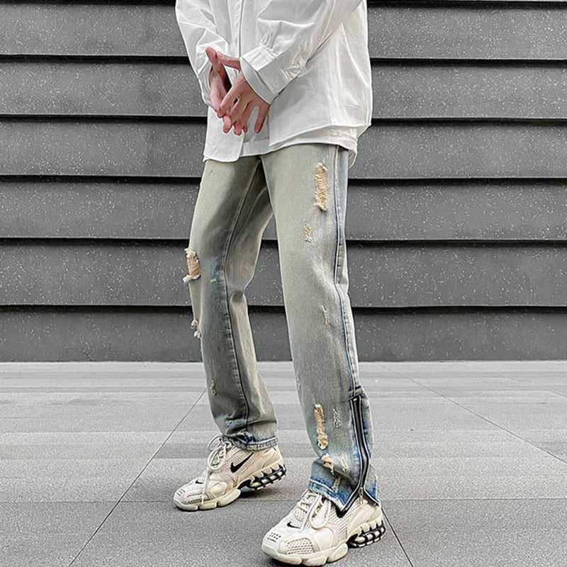 Faded Distressed Zip-Ankle Jeans