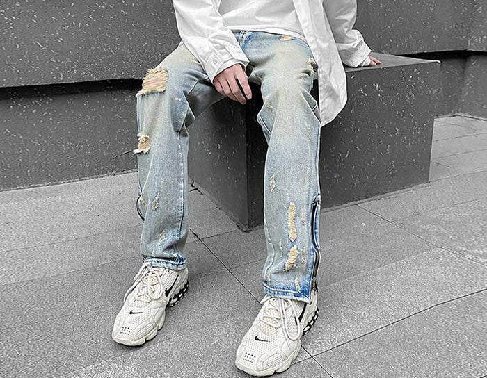 Faded Distressed Zip-Ankle Jeans