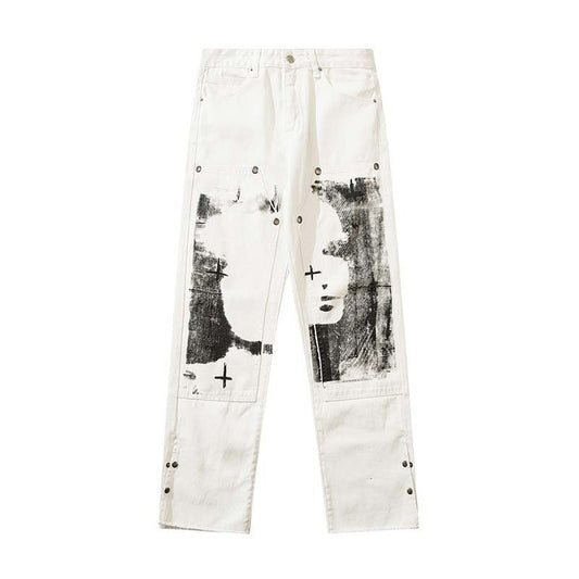 White Graphic Print Straight-Leg Denim Pants